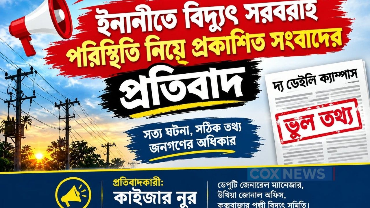 ইনানীতে বিদ্যুৎ সরবরাহ পরিস্থিতি নিয়ে প্রকাশিত সংবাদের প্রতিবাদ